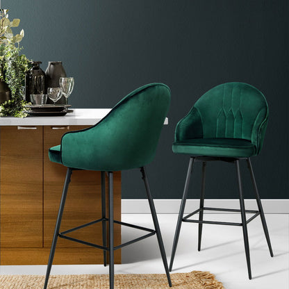 Artiss 2x Bar Stools Velvet Swivel Metal Legs Green - Cosy Abode