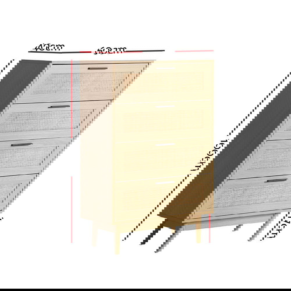 Artiss 4 Chest of Drawers Rattan Tallboy Pine - BRIONY - Cosy Abode