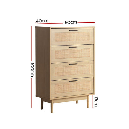 Artiss 4 Chest of Drawers Rattan Tallboy Pine - BRIONY - Cosy Abode