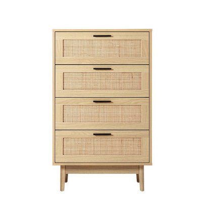 Artiss 4 Chest of Drawers Rattan Tallboy Pine - BRIONY - Cosy Abode