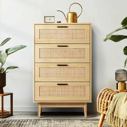 Artiss 4 Chest of Drawers Rattan Tallboy Pine - BRIONY - Cosy Abode