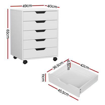 Artiss 5-Drawer Filing Cabinet Mobile Rolling Storage Cabinet Chest of Drawers Stand White - Cosy Abode