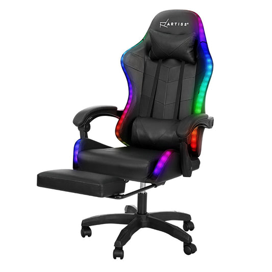 Artiss 6 Point Massage Gaming Office Chair 7 LED Footrest Black - Cosy Abode