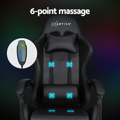 Artiss 6 Point Massage Gaming Office Chair 7 LED Footrest Black - Cosy Abode