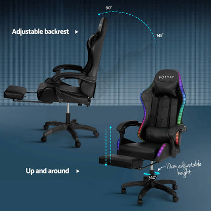 Artiss 6 Point Massage Gaming Office Chair 7 LED Footrest Black - Cosy Abode