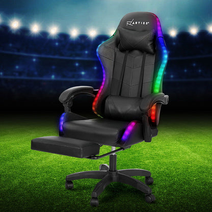 Artiss 6 Point Massage Gaming Office Chair 7 LED Footrest Black - Cosy Abode