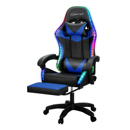 Artiss 6 Point Massage Gaming Office Chair 7 LED Footrest Blue - Cosy Abode