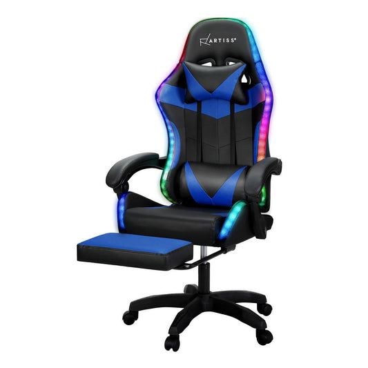 Artiss 6 Point Massage Gaming Office Chair 7 LED Footrest Blue - Cosy Abode