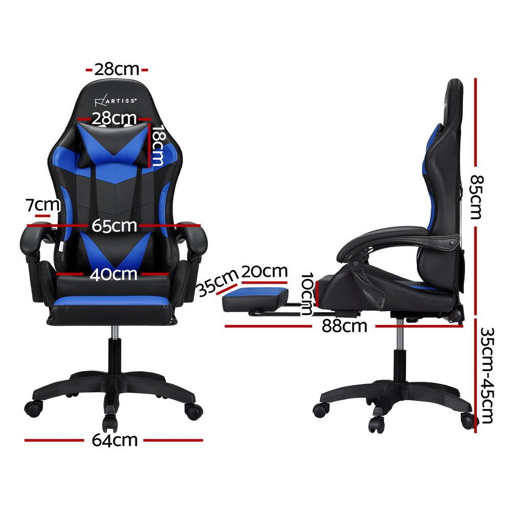 Artiss 6 Point Massage Gaming Office Chair 7 LED Footrest Blue - Cosy Abode