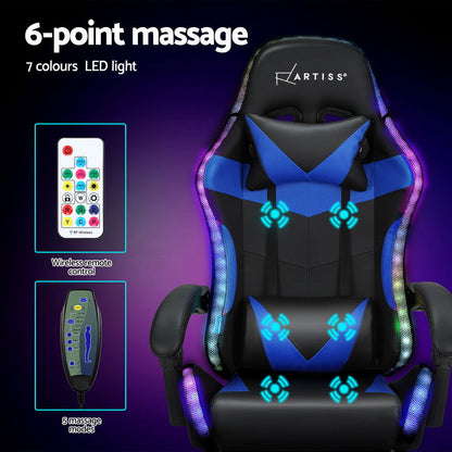 Artiss 6 Point Massage Gaming Office Chair 7 LED Footrest Blue - Cosy Abode