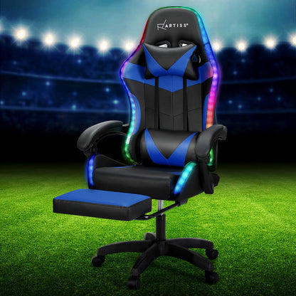 Artiss 6 Point Massage Gaming Office Chair 7 LED Footrest Blue - Cosy Abode