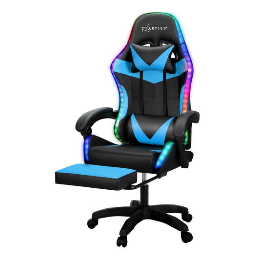 Artiss 6 Point Massage Gaming Office Chair 7 LED Footrest Cyan Blue - Cosy Abode