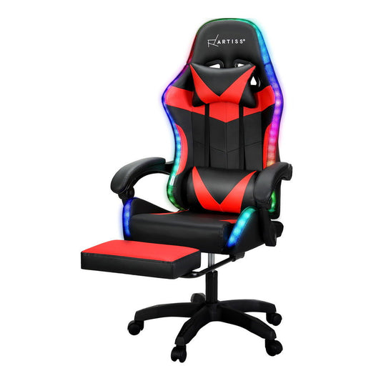 Artiss 6 Point Massage Gaming Office Chair 7 LED Footrest Red - Cosy Abode