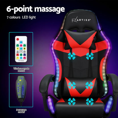 Artiss 6 Point Massage Gaming Office Chair 7 LED Footrest Red - Cosy Abode