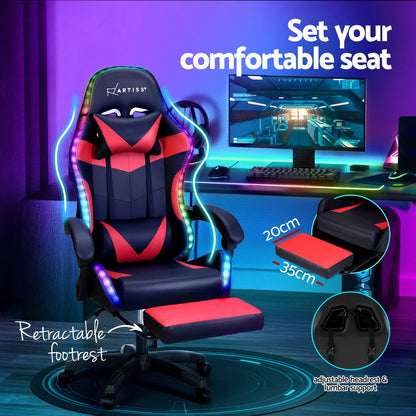 Artiss 6 Point Massage Gaming Office Chair 7 LED Footrest Red - Cosy Abode