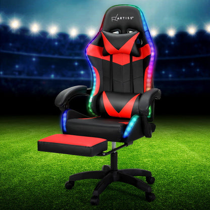Artiss 6 Point Massage Gaming Office Chair 7 LED Footrest Red - Cosy Abode