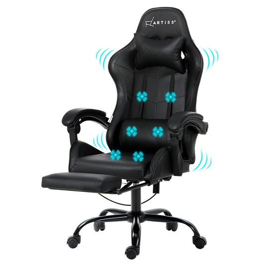 Artiss 6 Point Massage Gaming Office Chair Footrest Black - Cosy Abode