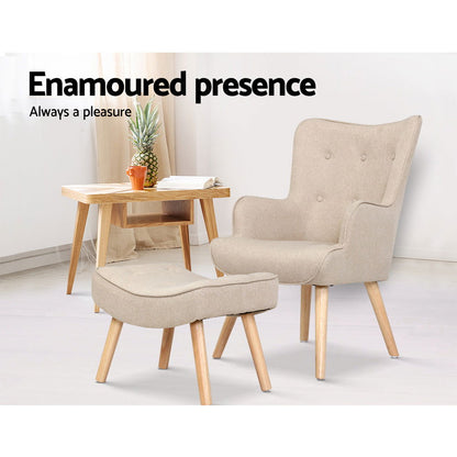Artiss Armchair Set with Ottoman Beige Lansar - Cosy Abode