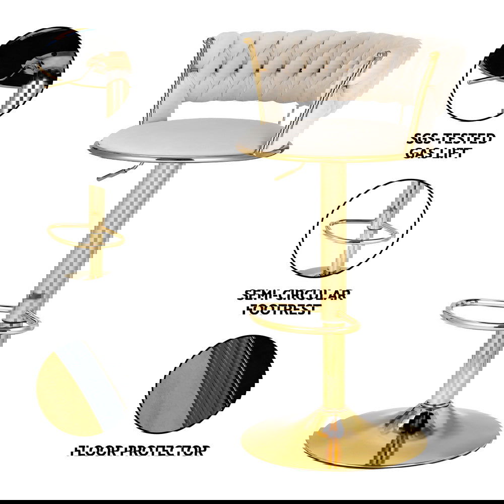 Artiss Bar Stools Gas Lift Velvet Woven Backrest Ivory - Cosy Abode