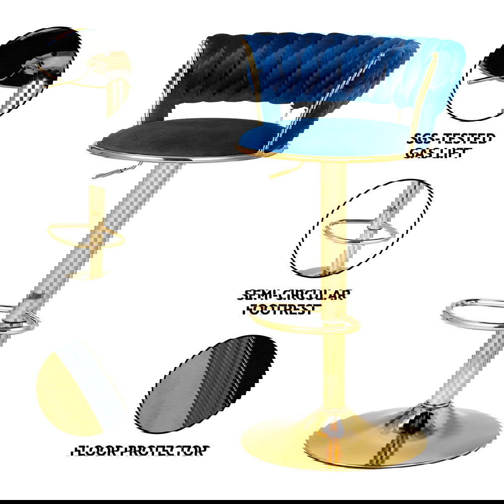 Artiss Bar Stools Gas Lift Velvet Woven Backrest Navy - Cosy Abode