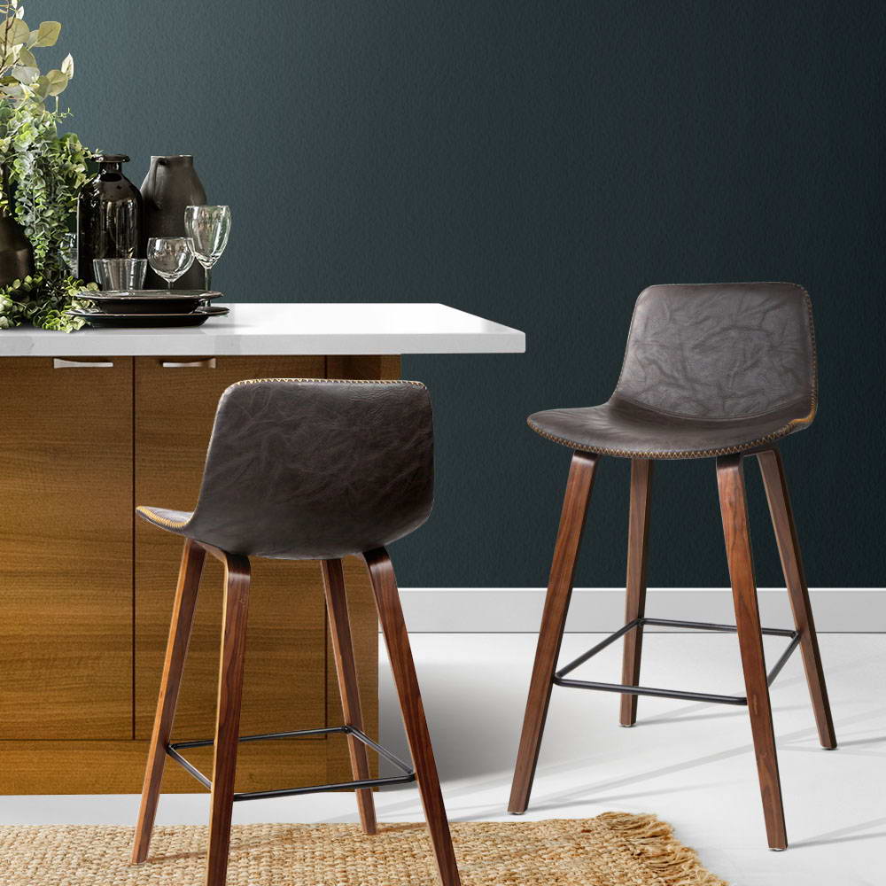 Artiss Bar Stools Kitchen Counter Barstools Leather Wooden Chairs x2 - Cosy Abode
