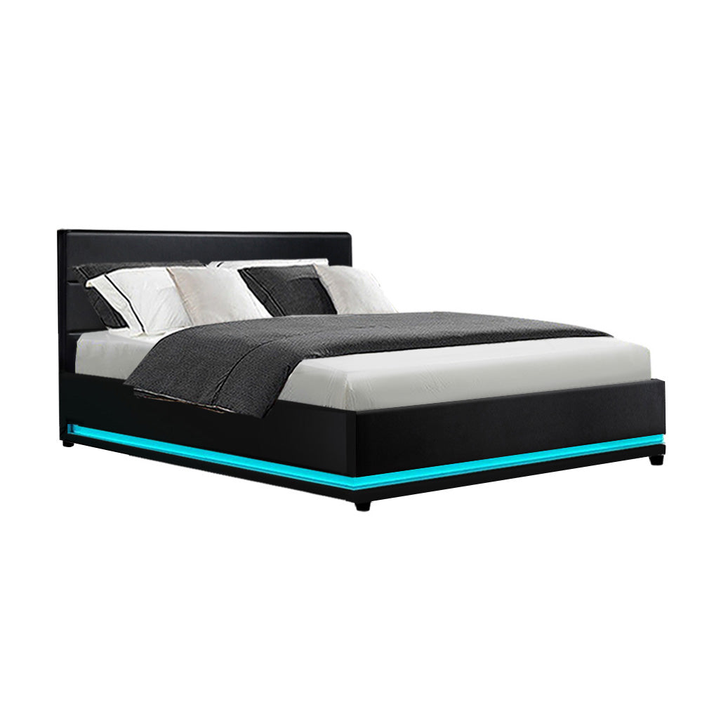 Artiss Bed Frame Double Size LED Gas Lift Black LUMI - Cosy Abode