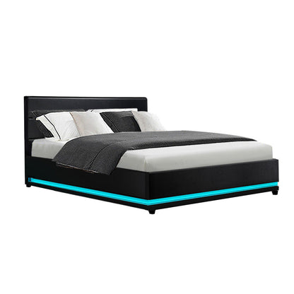 Artiss Bed Frame Double Size LED Gas Lift Black LUMI - Cosy Abode