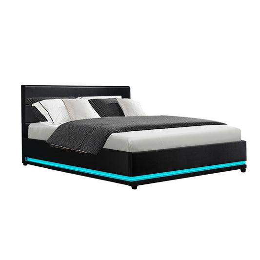 Artiss Bed Frame Double Size LED Gas Lift Black LUMI - Cosy Abode