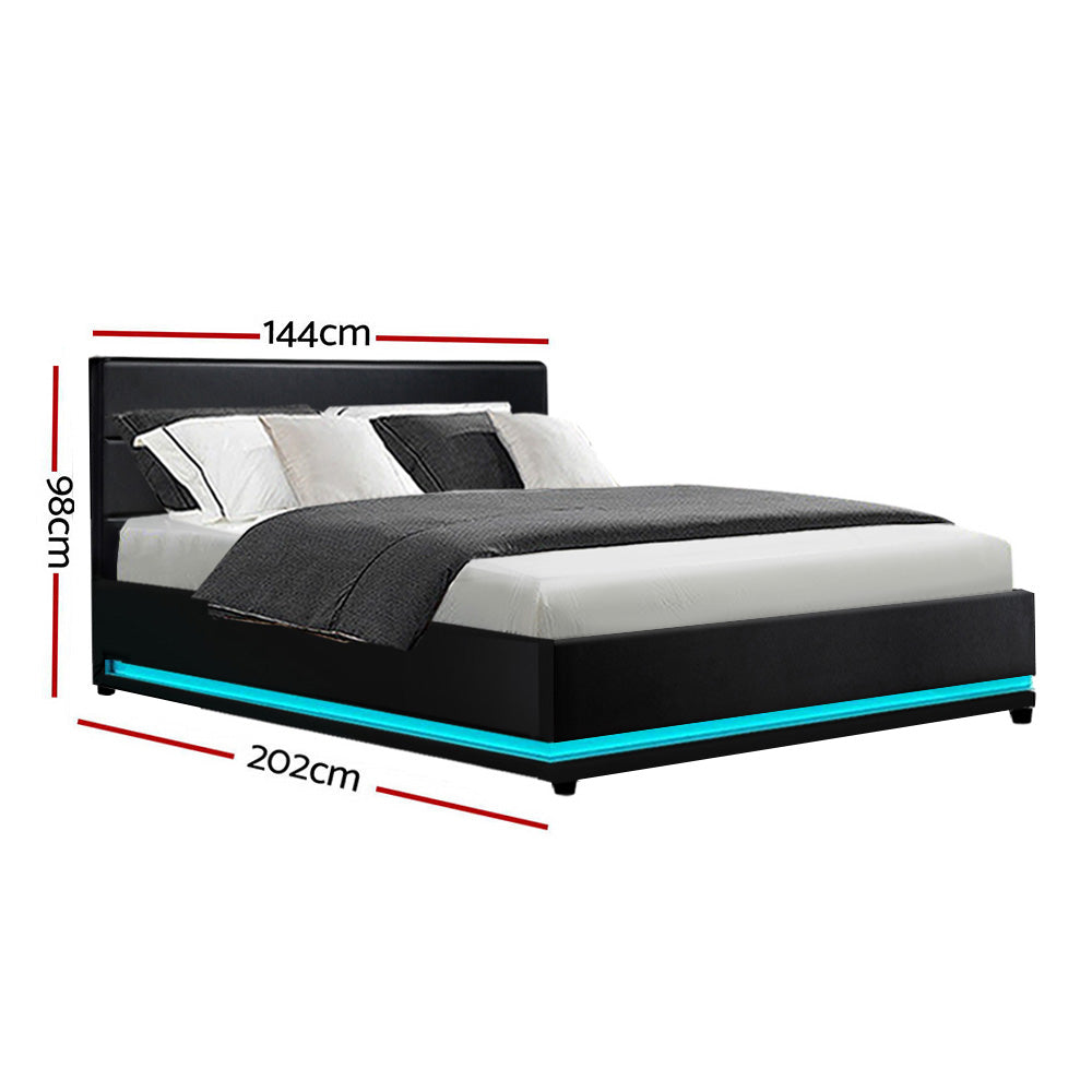 Artiss Bed Frame Double Size LED Gas Lift Black LUMI - Cosy Abode