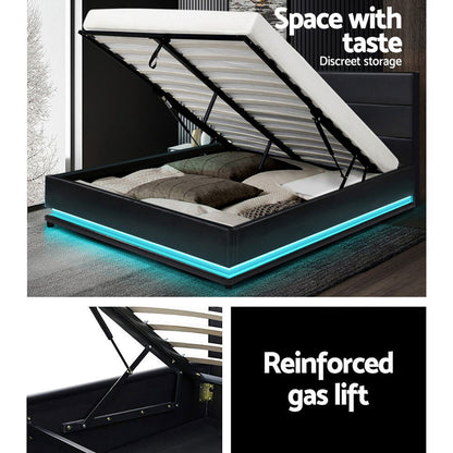 Artiss Bed Frame Double Size LED Gas Lift Black LUMI - Cosy Abode