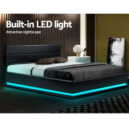 Artiss Bed Frame Double Size LED Gas Lift Black LUMI - Cosy Abode