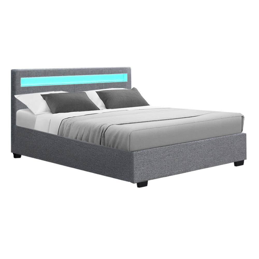Artiss Bed Frame Double Size LED Gas Lift Grey COLE - Cosy Abode