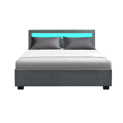 Artiss Bed Frame Double Size LED Gas Lift Grey COLE - Cosy Abode