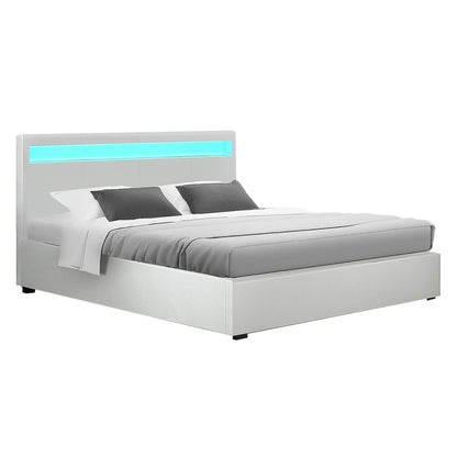 Artiss Bed Frame Double Size LED Gas Lift White COLE - Cosy Abode