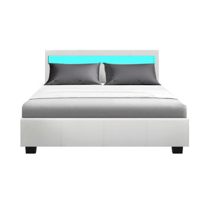 Artiss Bed Frame Double Size LED Gas Lift White COLE - Cosy Abode