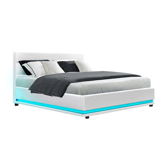 Artiss Bed Frame Double Size LED Gas Lift White LUMI - Cosy Abode