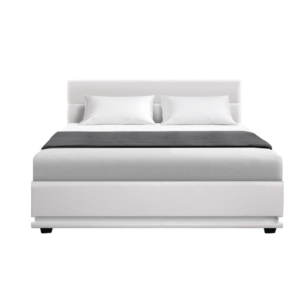 Artiss Bed Frame Double Size LED Gas Lift White LUMI - Cosy Abode