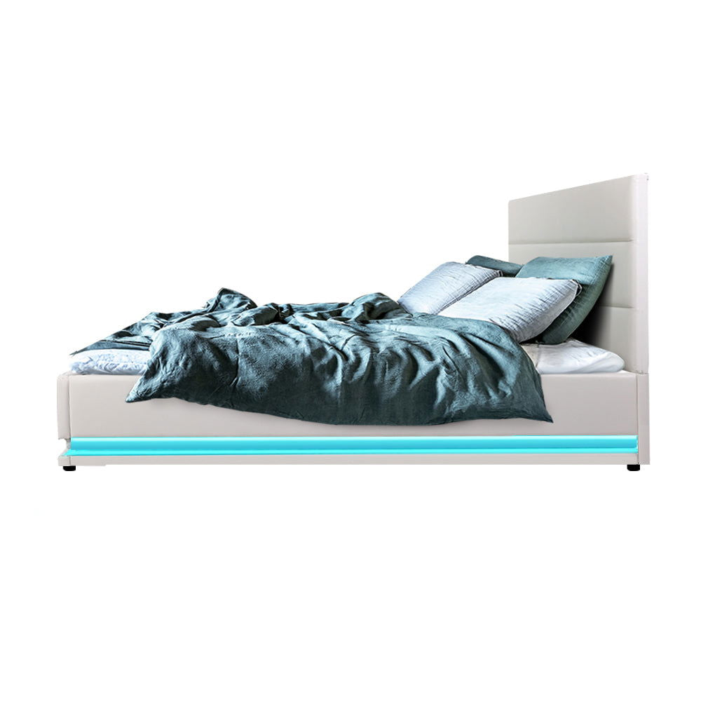 Artiss Bed Frame Double Size LED Gas Lift White LUMI - Cosy Abode