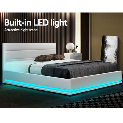 Artiss Bed Frame Double Size LED Gas Lift White LUMI - Cosy Abode