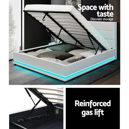 Artiss Bed Frame Double Size LED Gas Lift White LUMI - Cosy Abode