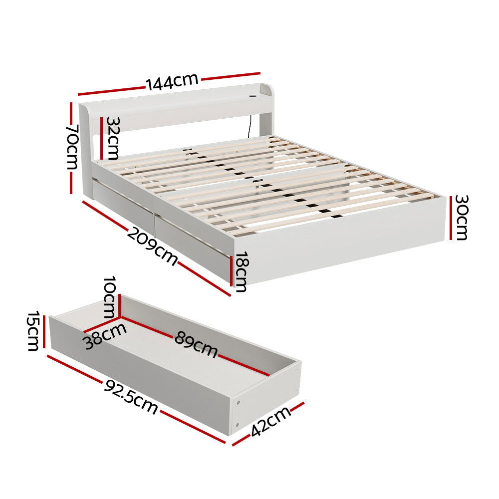 Artiss Bed Frame Double Size Mattress Base wtih Charging Ports 2 Storage Drawers - Cosy Abode
