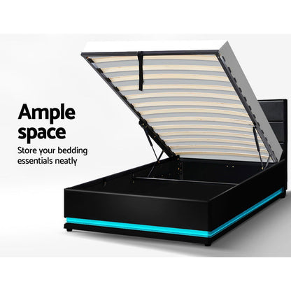 Artiss Bed Frame King Single Size LED Gas Lift Black LUMI - Cosy Abode