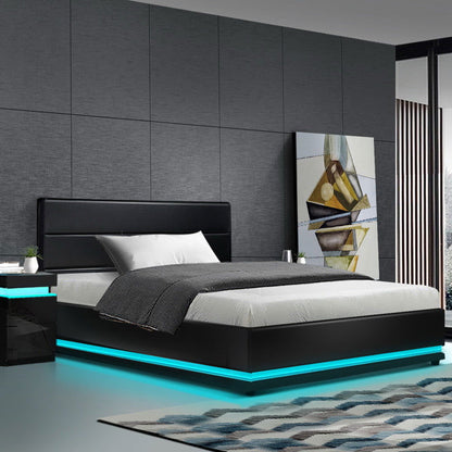 Artiss Bed Frame King Single Size LED Gas Lift Black LUMI - Cosy Abode