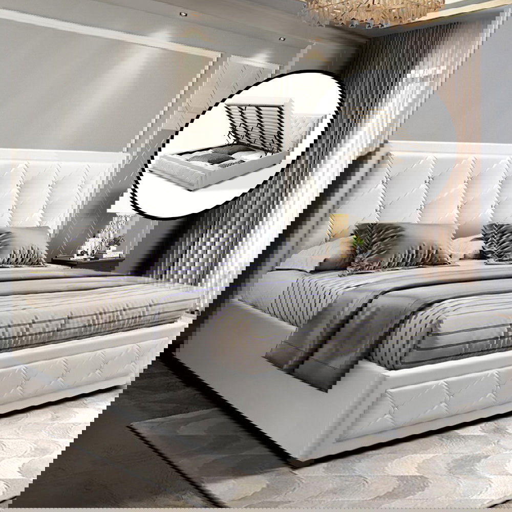 Artiss Bed Frame King Size Gas Lift White TIYO - Cosy Abode