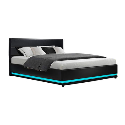 Artiss Bed Frame King Size LED Gas Lift Black LUMI - Cosy Abode
