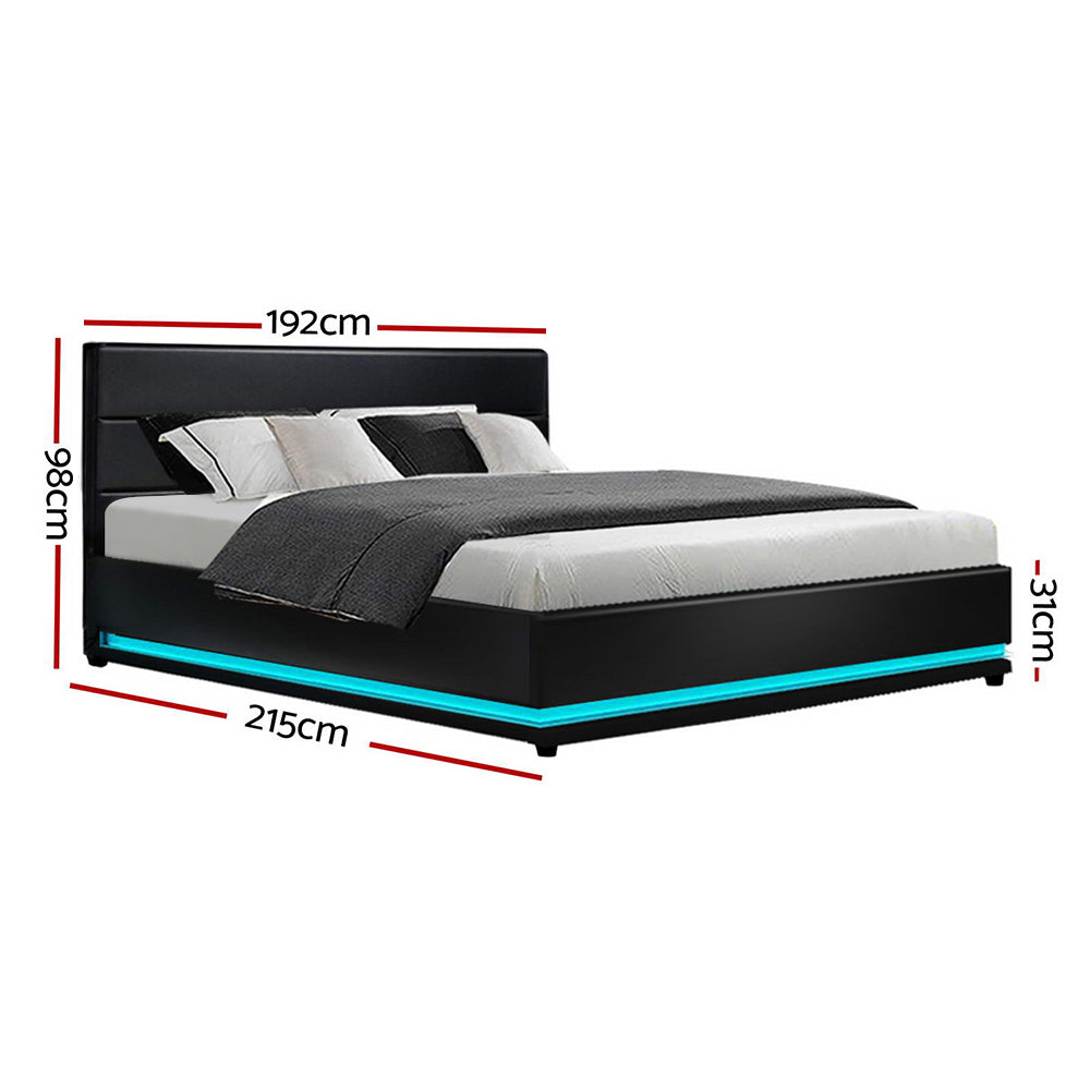 Artiss Bed Frame King Size LED Gas Lift Black LUMI - Cosy Abode