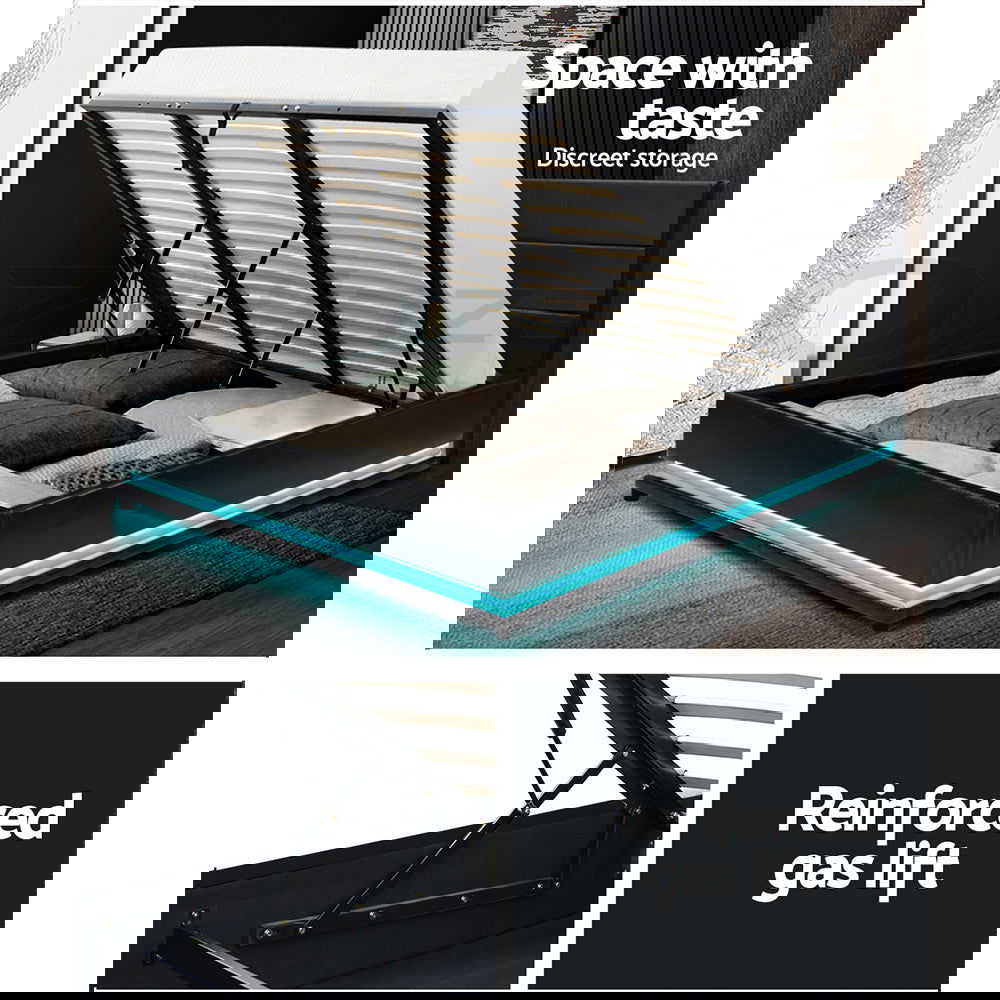 Artiss Bed Frame King Size LED Gas Lift Black LUMI - Cosy Abode
