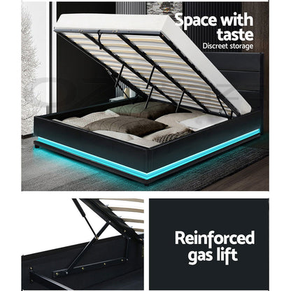Artiss Bed Frame King Size LED Gas Lift Black LUMI - Cosy Abode
