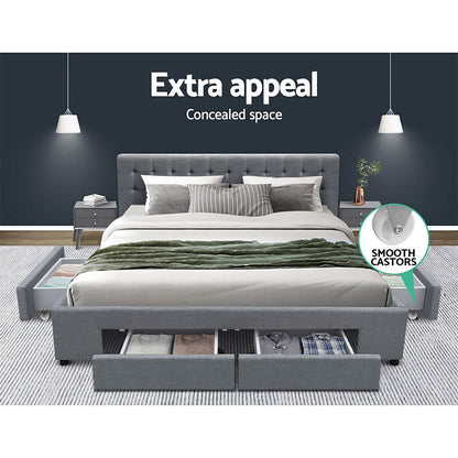 Artiss Bed Frame King Size with 4 Drawers Grey AVIO - Cosy Abode