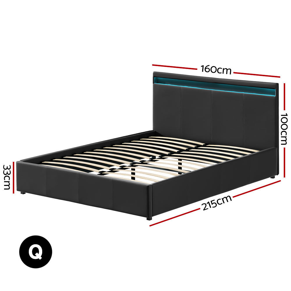 Artiss Bed Frame Queen Size LED Gas Lift Black COLE - Cosy Abode